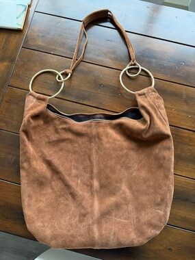 Suede Ring-Handle Tote Bag - Brown